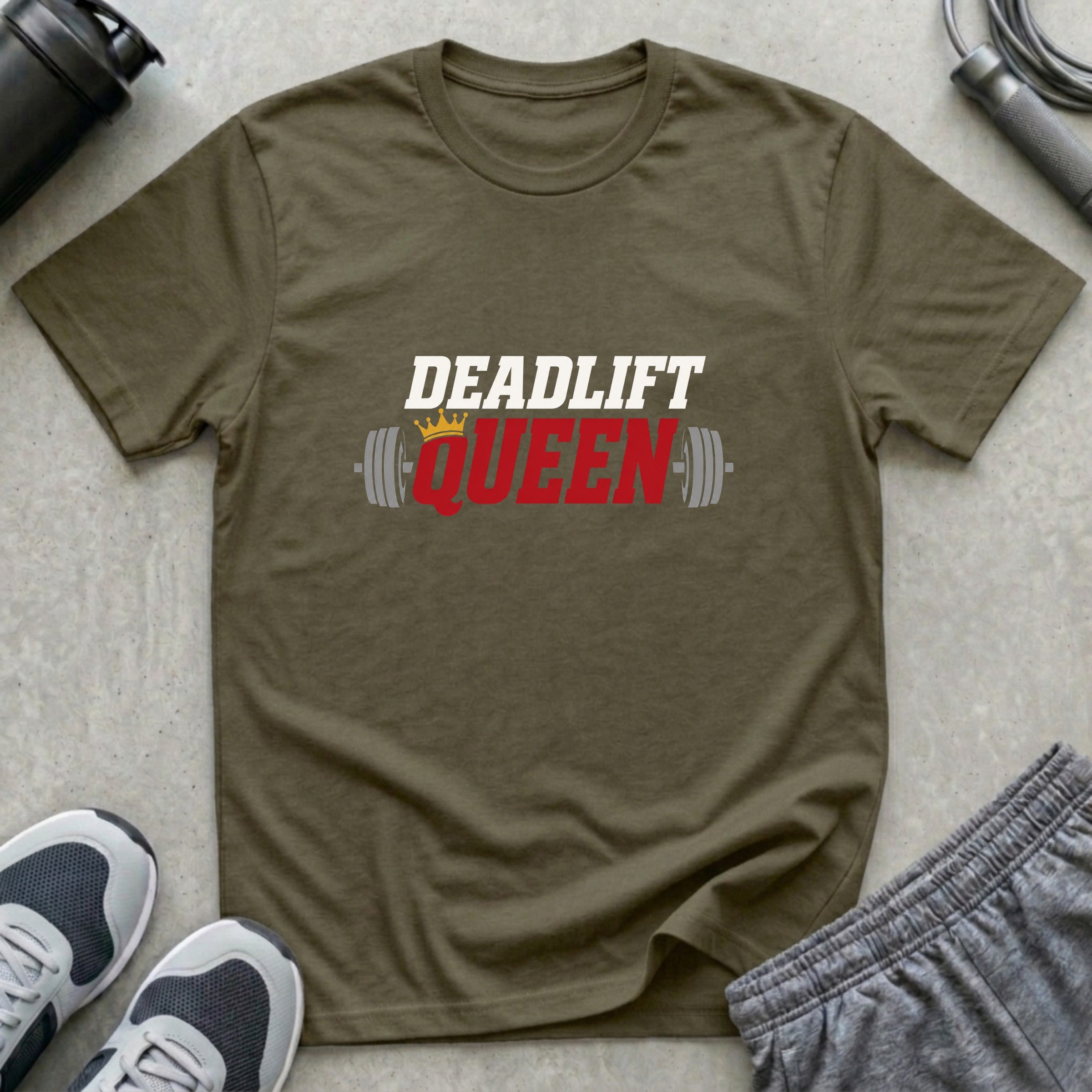 Deadlift Queen | Retro Graphic Unisex T-Shirt - Heather Military Green