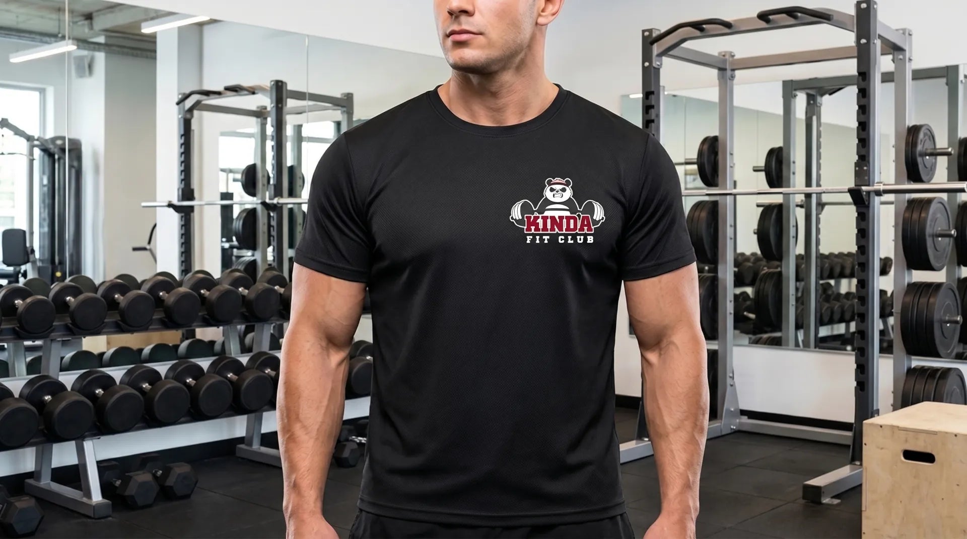 Man wearing a black t-shirt with a logo in a gym setting